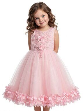 Girls Pink Party Dress Floral Embroidered Tulle Flower Petal Hem Birthday